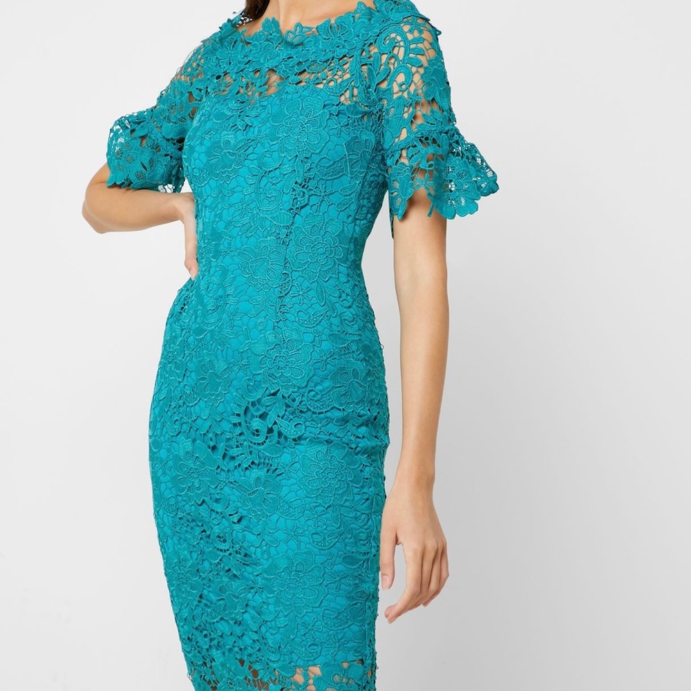 ASOS Paper Dolls Off Shoulder Crochet Lace Dress in Teal Sz US 4 Tall